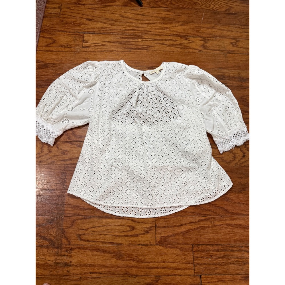 Maje White Eyelet Lace Puff Sleeve Blouse Open Back Cotton Top Size 1